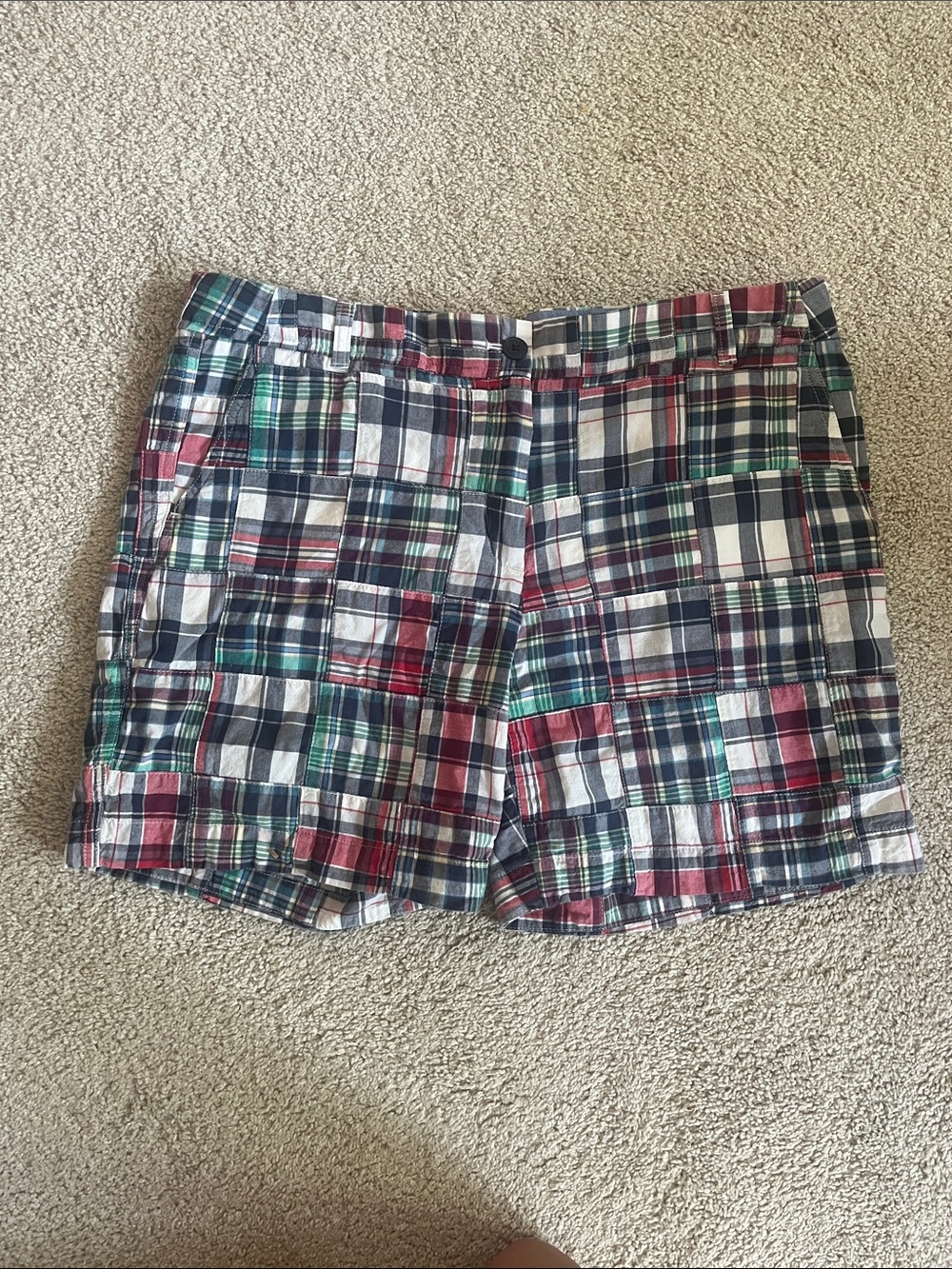 Talbots Plaid Cotton Patchwork Shorts in Navy, Red, Green